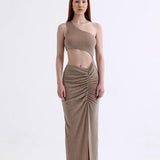 Gloria Glitter Maxi Elbise Bej
