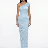 One-Shoulder Draped Baby Blue Maxi Dress