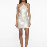 Beige Mini Dress with Coral Embroidery and Halter Neck