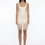 Beaded Fringe Ecru Mini Lace Dress