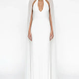 Jersey V-Neck Maxi White Dress with Cape Detail