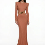 Shimmer Knit Brick Red Dress with Cut-Out Detail