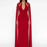 Jersey V-Neck Maxi Red Dress with Cape Detail