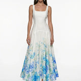 Open-Back Linen Blend Blue Midi Dress