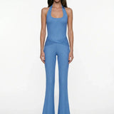 Shimmer Knit Blue Jumpsuit with Cut-Out Detail