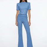 Shimmer Knit Blue Padded Shoulder T-Shirt
