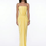 Draped Strapless Maxi Yellow Jersey Dress