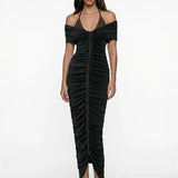 Shimmering Ruched Twist Detail Black Midi Dress