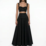 Linen Waist Detail Black Midi Skirt