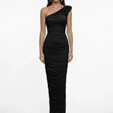 One-Shoulder Draped Black Maxi Dress