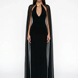 Jersey V-Neck Maxi Black Dress with Cape Detail