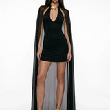 Jersey V-Neck Mini Black Dress with Cape Detail