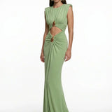 Jersey V-Neck Maxi Green Dress with Cut-Out Detail