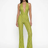 Green Lace V-Neck Jumpsuit