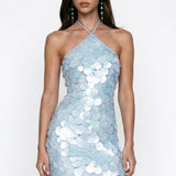 Baby Blue Embroidered Halter Neck Mini Dress |