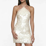 Beige Mini Dress with Coral Embroidery and Halter Neck