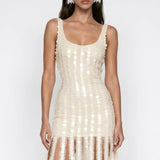 Beaded Fringe Ecru Mini Lace Dress