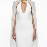 Jersey V-Neck Maxi White Dress with Cape Detail