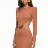 Shimmer Knit Brick Red Dress with Cut-Out Detail