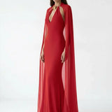Jersey V-Neck Maxi Red Dress with Cape Detail