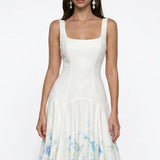 Open-Back Linen Blend Blue Midi Dress