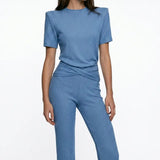 Shimmer Knit Blue Padded Shoulder T-Shirt