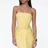 Draped Strapless Maxi Yellow Jersey Dress