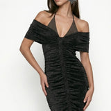 Shimmering Ruched Twist Detail Black Midi Dress