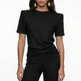 Shimmer Knit Black Padded Shoulder T-Shirt