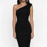 One-Shoulder Draped Black Maxi Dress