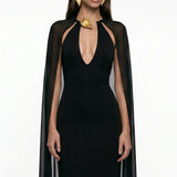 Jersey V-Neck Maxi Black Dress with Cape Detail