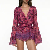 Cherry-Colored Patterned Chiffon Beach Dress