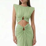 Jersey V-Neck Maxi Green Dress with Cut-Out Detail