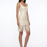 Beaded Fringe Ecru Mini Lace Dress