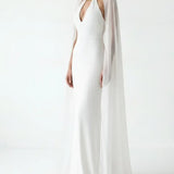 Jersey V-Neck Maxi White Dress with Cape Detail