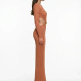 Shimmer Knit Brick Red Dress with Cut-Out Detail