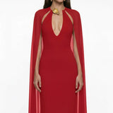 Jersey V-Neck Maxi Red Dress with Cape Detail