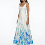 Open-Back Linen Blend Blue Midi Dress
