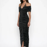 Shimmering Ruched Twist Detail Black Midi Dress