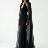 Jersey V-Neck Maxi Black Dress with Cape Detail