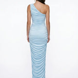 One-Shoulder Draped Baby Blue Maxi Dress