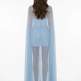 Jersey V-Neck Mini Blue Dress with Cape Detail