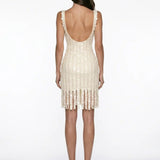 Beaded Fringe Ecru Mini Lace Dress