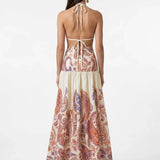 V-Neck Ecru Midi Linen Blend Dress