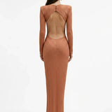 Shimmer Knit Brick Red Dress with Cut-Out Detail