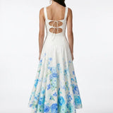 Open-Back Linen Blend Blue Midi Dress
