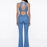 Shimmer Knit Blue Jumpsuit with Cut-Out Detail