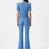 Shimmer Knit Blue Padded Shoulder T-Shirt