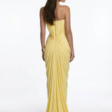 Draped Strapless Maxi Yellow Jersey Dress
