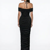 Shimmering Ruched Twist Detail Black Midi Dress